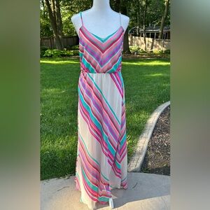 Pink teal multi-colored maxi dress, spaghetti strap XL